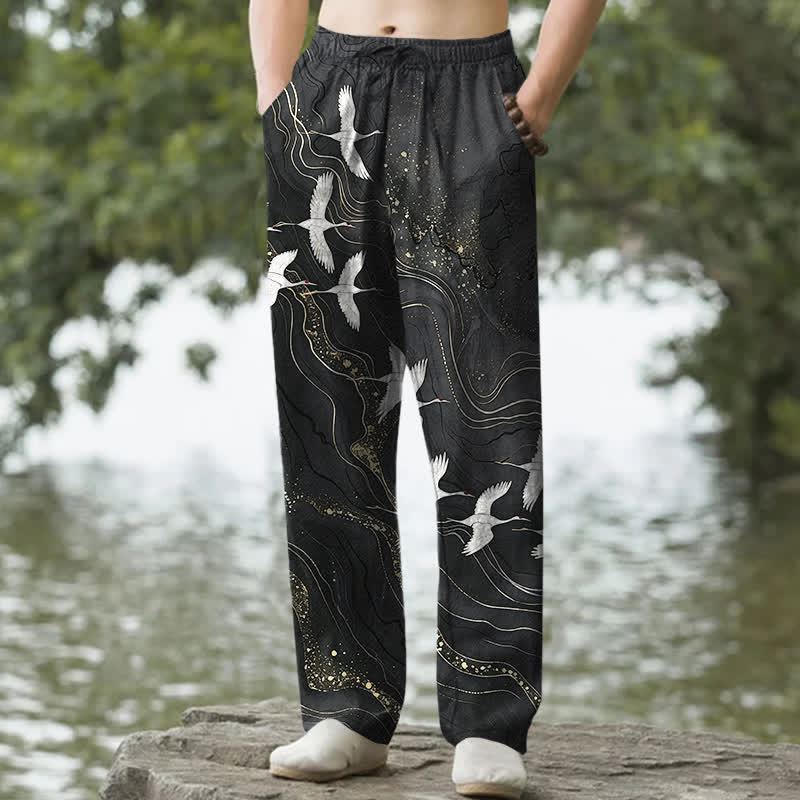 Buddha Stones Pantaloni da uomo affusolati in cotone bianco con motivo a onde e stampa gru, con tasche. - Nero - US/UK/AU50, EU60 (5XL) - image 0