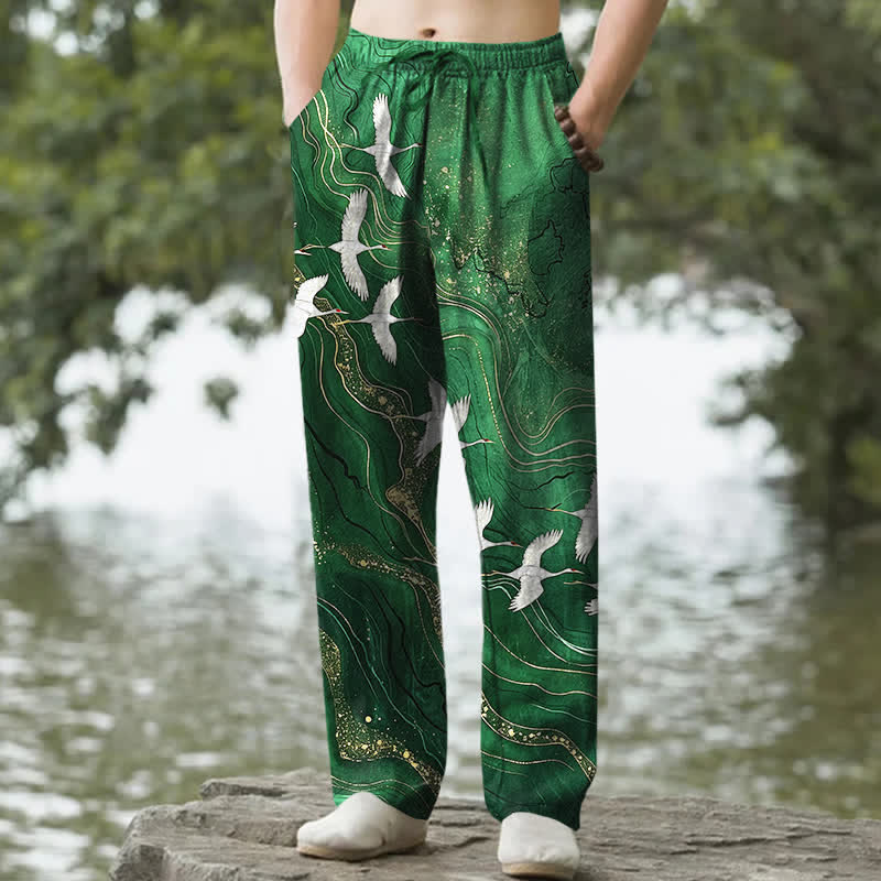 Buddha Stones Pantaloni da uomo affusolati in cotone bianco con motivo a onde e stampa gru, con tasche. - Verde studentesco - US/UK/AU50, EU60 (5XL) - image 4