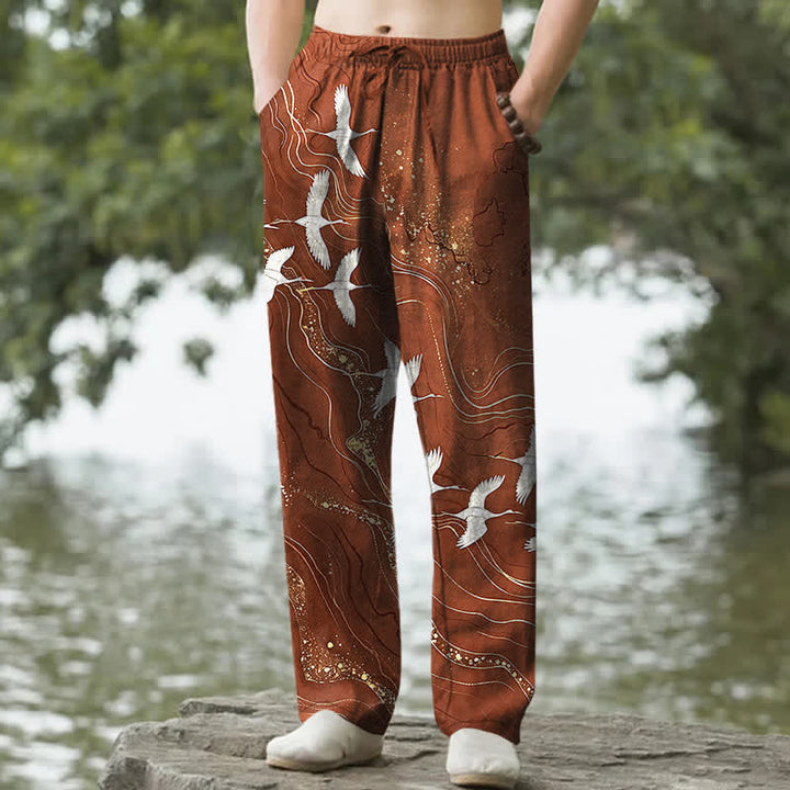 Buddha Stones Pantaloni da uomo affusolati in cotone bianco con motivo a onde e stampa gru, con tasche. - Siena - US/UK/AU50, EU60 (5XL) - image 8