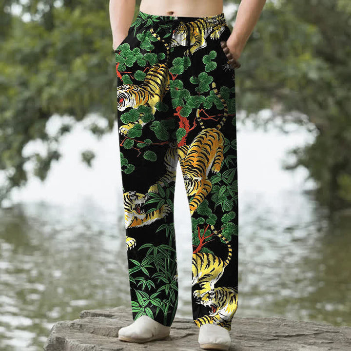 Buddha Stones Pantaloni da uomo affusolati con tasche, in cotone con stampa tigre nella giungla. - Nero - US/UK/AU50, EU60 (5XL) - image 0