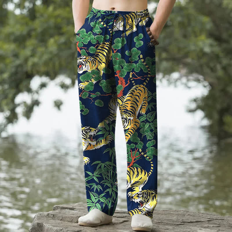 Buddha Stones Pantaloni da uomo affusolati con tasche, in cotone con stampa tigre nella giungla. - Marina - US/UK/AU50, EU60 (5XL) - image 4