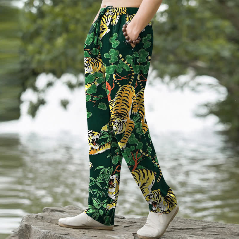 Buddha Stones Pantaloni da uomo affusolati con tasche, in cotone con stampa tigre nella giungla. - image 9