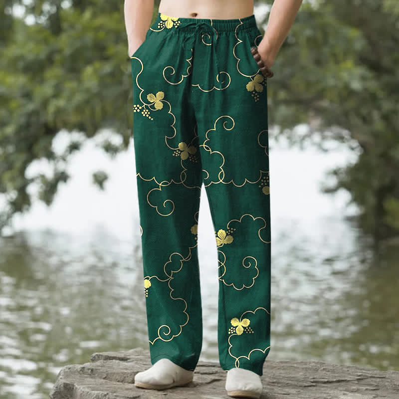 Buddha Stones Pantaloni da uomo affusolati in cotone con motivo floreale dorato e nuvole, con tasche. - Verde studentesco - US/UK/AU50, EU60 (5XL) - image 0