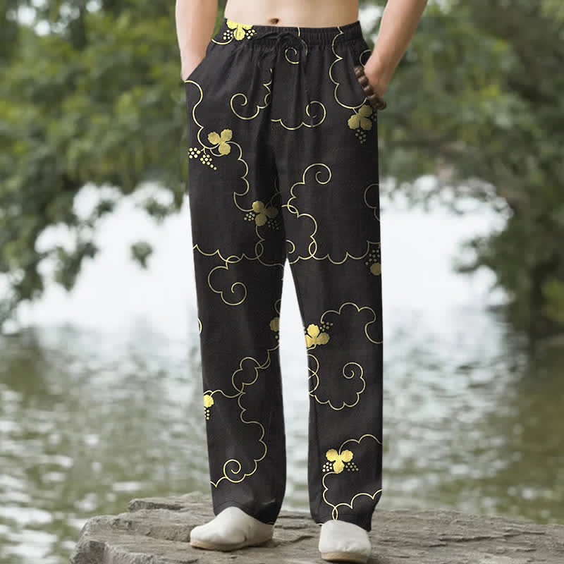 Buddha Stones Pantaloni da uomo affusolati in cotone con motivo floreale dorato e nuvole, con tasche. - Nero - US/UK/AU50, EU60 (5XL) - image 4