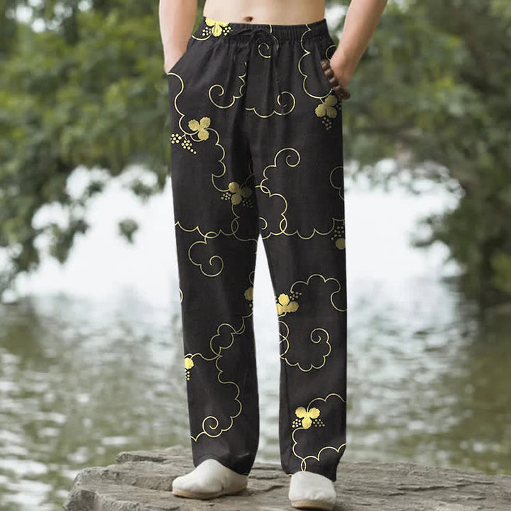 Buddha Stones Pantaloni da uomo affusolati in cotone con motivo floreale dorato e nuvole, con tasche. - Nero - US/UK/AU50, EU60 (5XL) - image 4