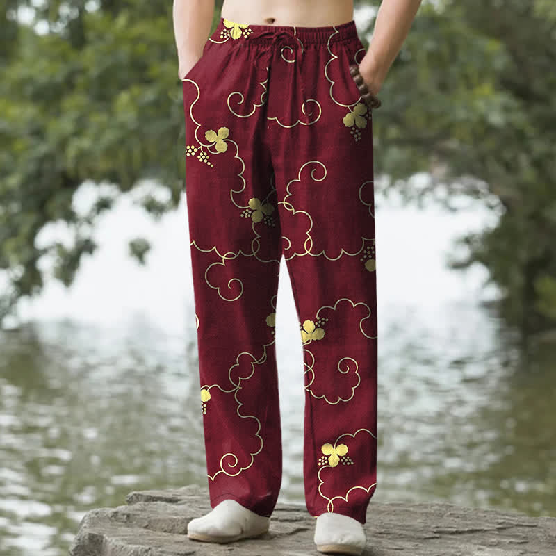 Buddha Stones Pantaloni da uomo affusolati in cotone con motivo floreale dorato e nuvole, con tasche. - Marrone - US/UK/AU50, EU60 (5XL) - image 8