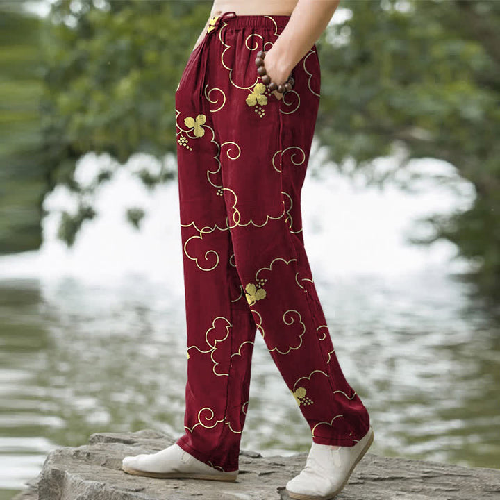 Buddha Stones Pantaloni da uomo affusolati in cotone con motivo floreale dorato e nuvole, con tasche. - image 9
