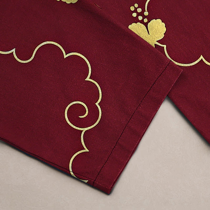 Buddha Stones Pantaloni da uomo affusolati in cotone con motivo floreale dorato e nuvole, con tasche. - image 10