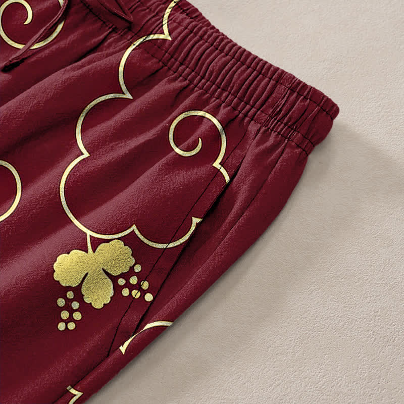Buddha Stones Pantaloni da uomo affusolati in cotone con motivo floreale dorato e nuvole, con tasche. - image 11