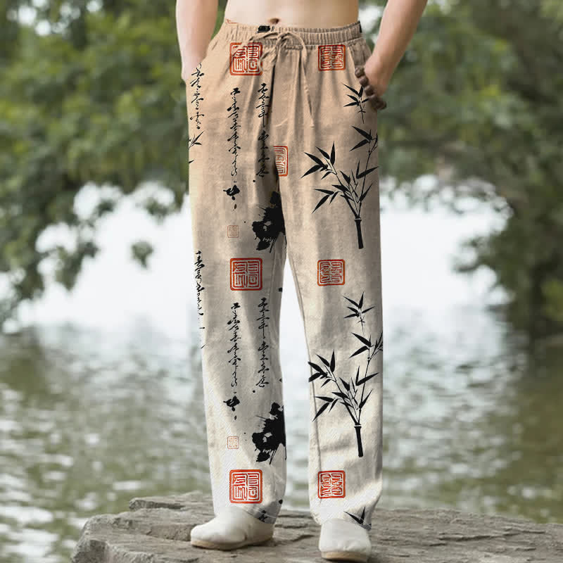 Buddha Stones Pantaloni da uomo affusolati con tasche, stampa a bambù, in cotone. - Legno robusto - US/UK/AU50, EU60 (5XL) - image 8
