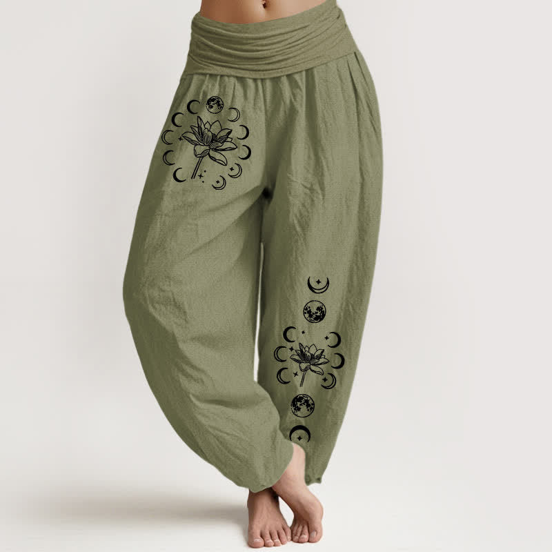 Buddha Stones Pantaloni harem da donna in puro cotone con motivo a loto e fasi lunari, con elastico in vita. - Verde oliva - US16, UK/AU20, EU48 (3XL) - image 14