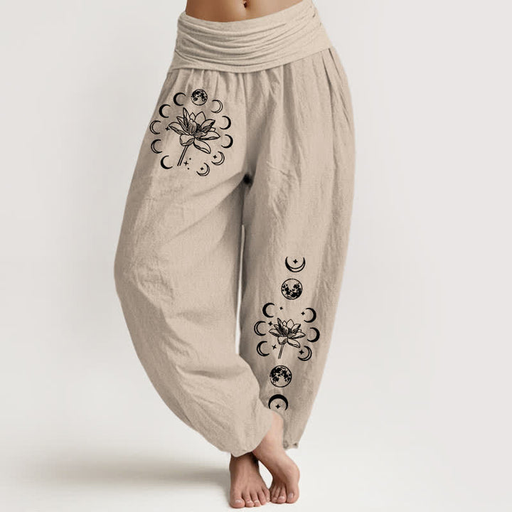 Buddha Stones Pantaloni harem da donna in puro cotone con motivo a loto e fasi lunari, con elastico in vita. - Biancheria - US16, UK/AU20, EU48 (3XL) - image 11