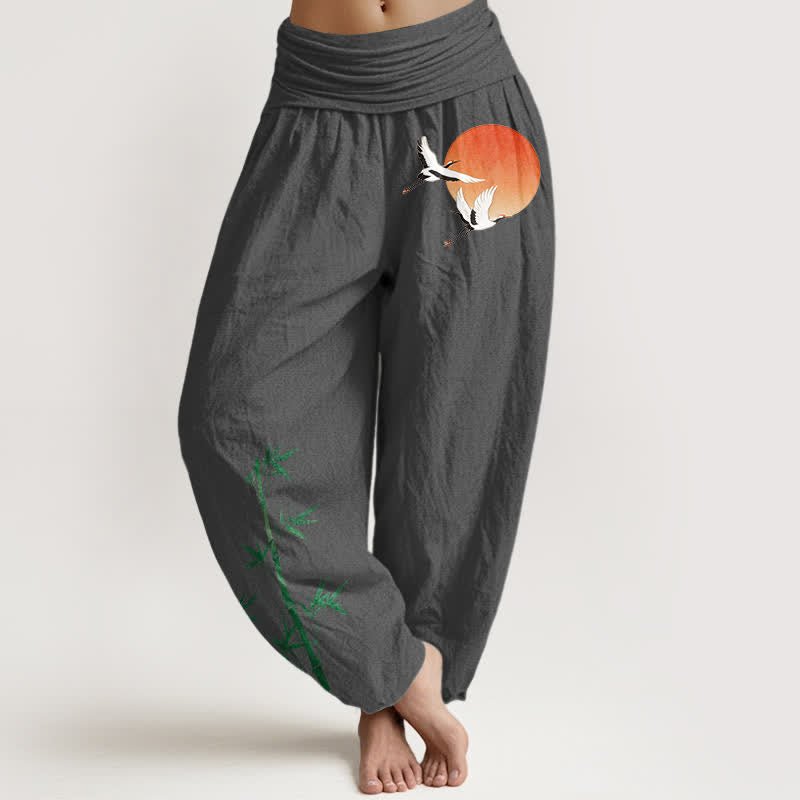 Buddha Stones Pantaloni harem da donna in puro cotone con motivo a gru e bambù, vita elasticizzata. - Grigio tenue - US16, UK/AU20, EU48 (3XL) - image 11
