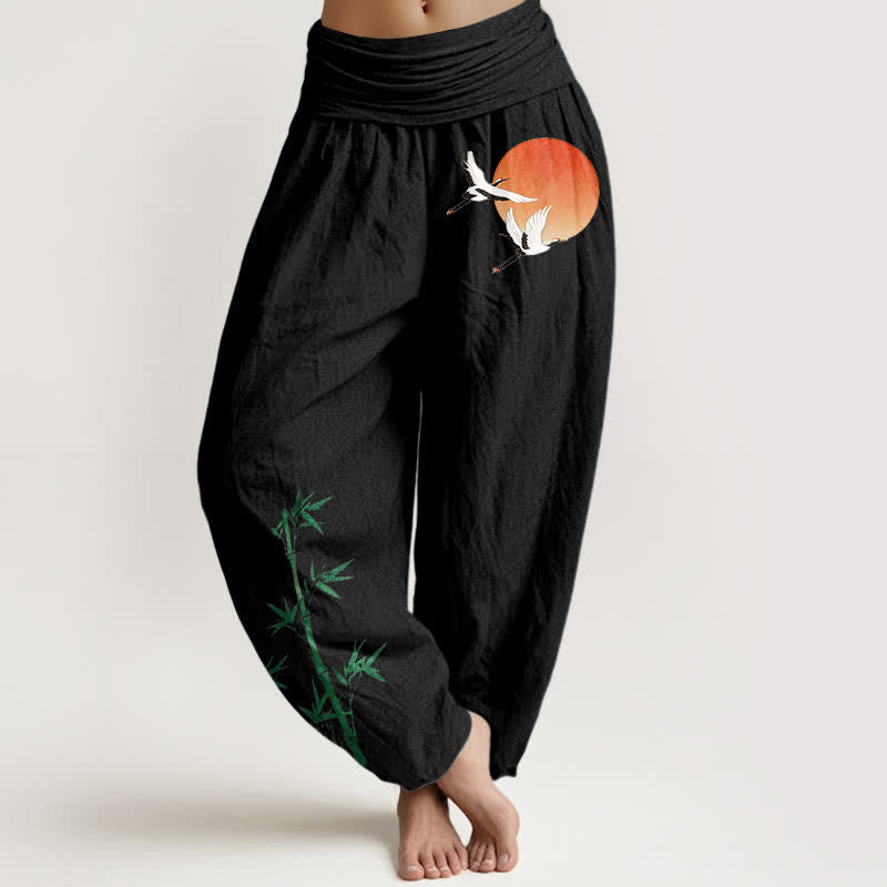 Buddha Stones Pantaloni harem da donna in puro cotone con motivo a gru e bambù, vita elasticizzata. - Nero - US16, UK/AU20, EU48 (3XL) - image 5