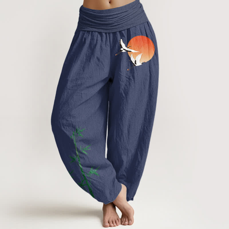 Buddha Stones Pantaloni harem da donna in puro cotone con motivo a gru e bambù, vita elasticizzata. - Blu ardesia scuro - US16, UK/AU20, EU48 (3XL) - image 8