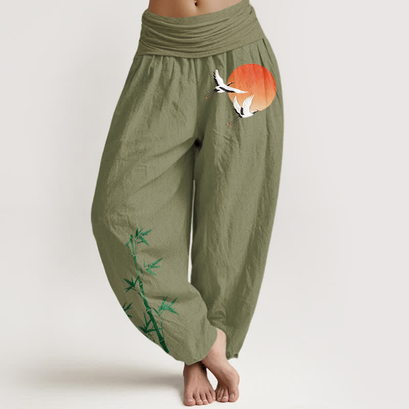 Buddha Stones Pantaloni harem da donna in puro cotone con motivo a gru e bambù, vita elasticizzata. - Verde oliva - US16, UK/AU20, EU48 (3XL) - image 14