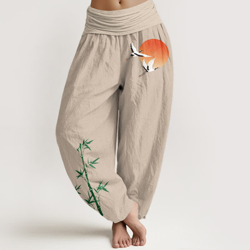 Buddha Stones Pantaloni harem da donna in puro cotone con motivo a gru e bambù, vita elasticizzata. - Biancheria - US16, UK/AU20, EU48 (3XL) - image 0