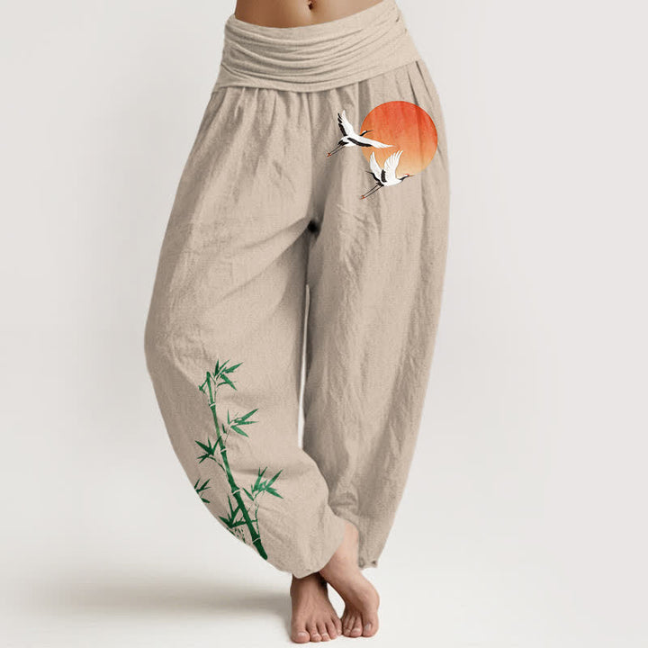 Buddha Stones Pantaloni harem da donna in puro cotone con motivo a gru e bambù, vita elasticizzata. - Biancheria - US16, UK/AU20, EU48 (3XL) - image 0
