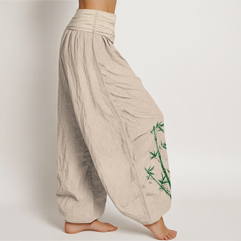 Buddha Stones Pantaloni harem da donna in puro cotone con motivo a gru e bambù, vita elasticizzata. - image 1
