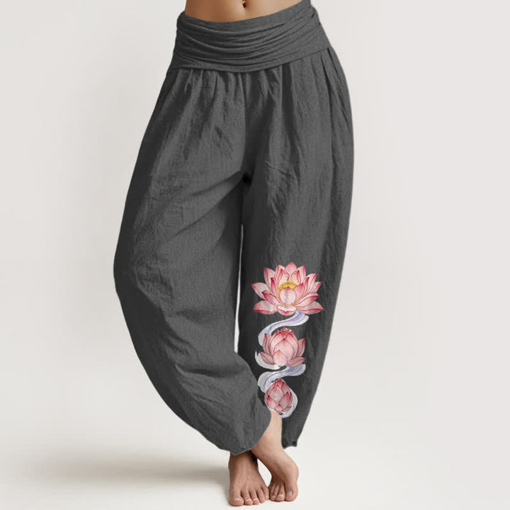 Buddha Stones Pantaloni harem da donna in puro cotone rosa con motivo a loto e elastico in vita. - Grigio tenue - US16, UK/AU20, EU48 (3XL) - image 8