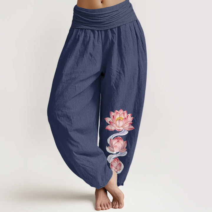 Buddha Stones Pantaloni harem da donna in puro cotone rosa con motivo a loto e elastico in vita. - Blu ardesia scuro - US16, UK/AU20, EU48 (3XL) - image 5