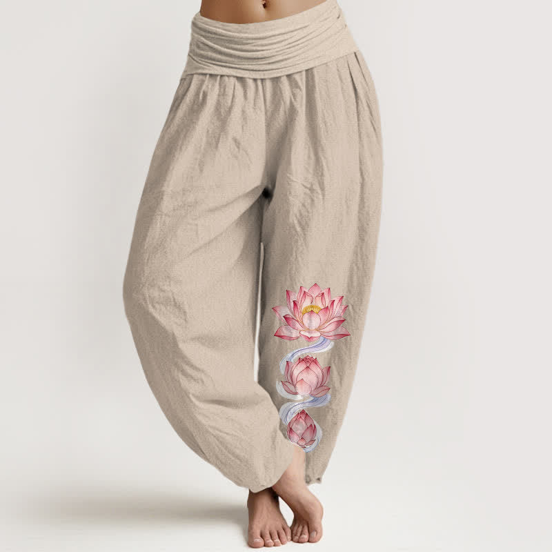 Buddha Stones Pantaloni harem da donna in puro cotone rosa con motivo a loto e elastico in vita. - Biancheria - US16, UK/AU20, EU48 (3XL) - image 11