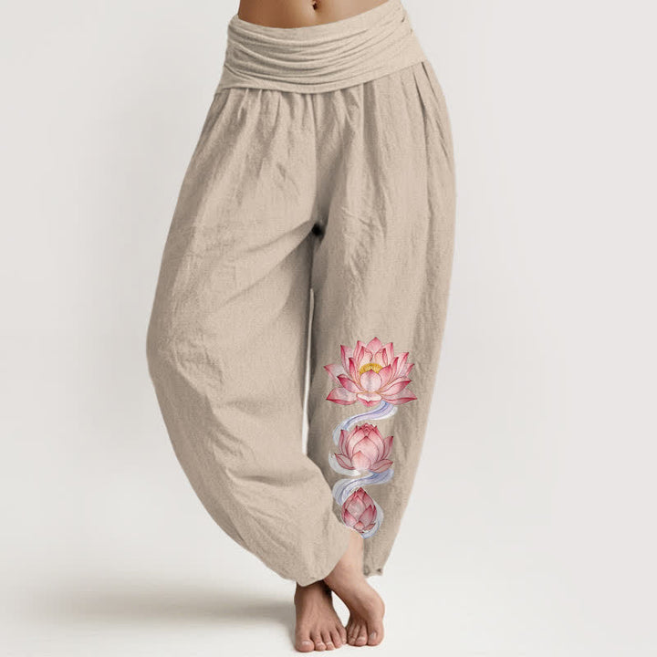 Buddha Stones Pantaloni harem da donna in puro cotone rosa con motivo a loto e elastico in vita. - Biancheria - US16, UK/AU20, EU48 (3XL) - image 11
