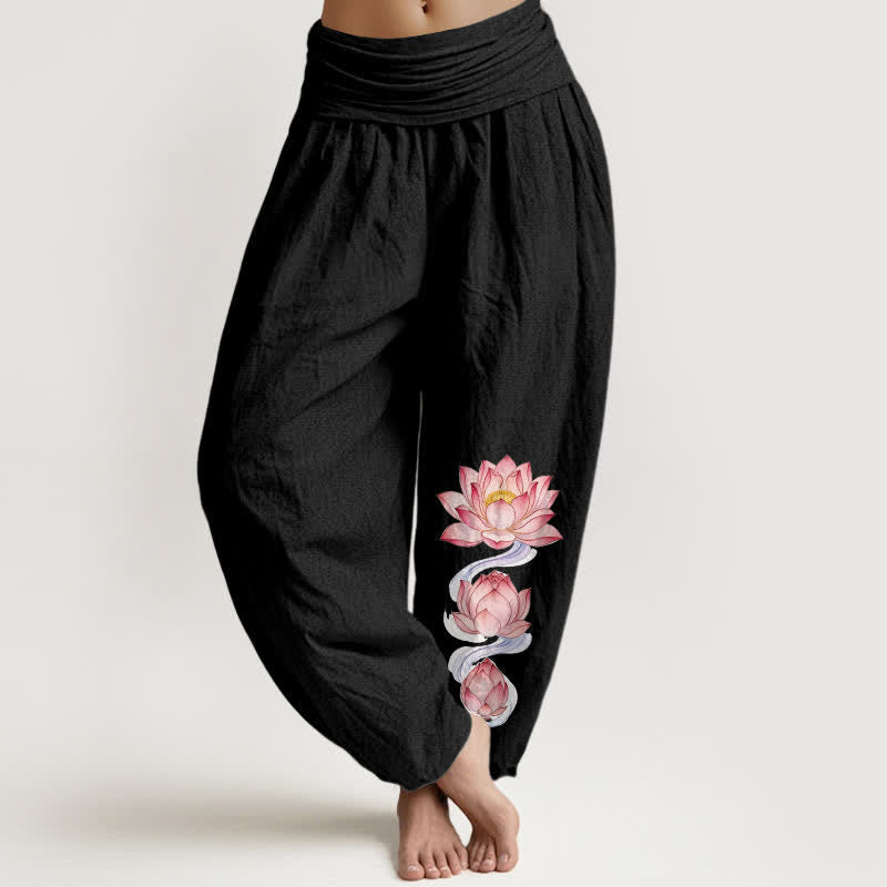 Buddha Stones Pantaloni harem da donna in puro cotone rosa con motivo a loto e elastico in vita. - Nero - US16, UK/AU20, EU48 (3XL) - image 0