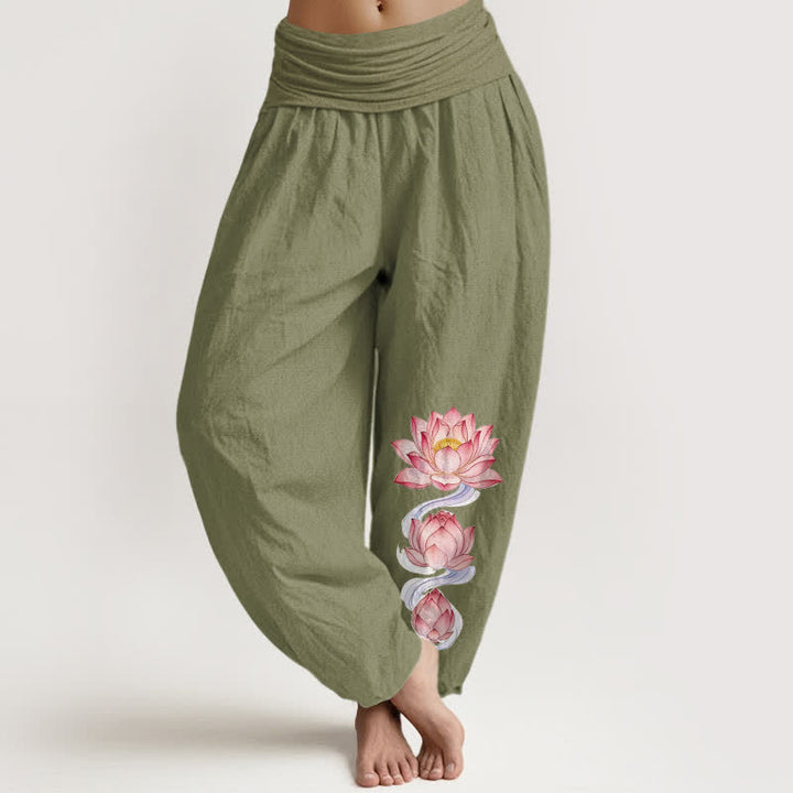 Buddha Stones Pantaloni harem da donna in puro cotone rosa con motivo a loto e elastico in vita. - Verde oliva - US16, UK/AU20, EU48 (3XL) - image 14