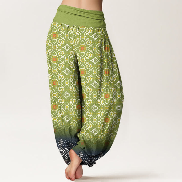 Buddha Stones Pantaloni harem da donna in cotone con motivo floreale geometrico in stile bohémien e vita elasticizzata. - image 1