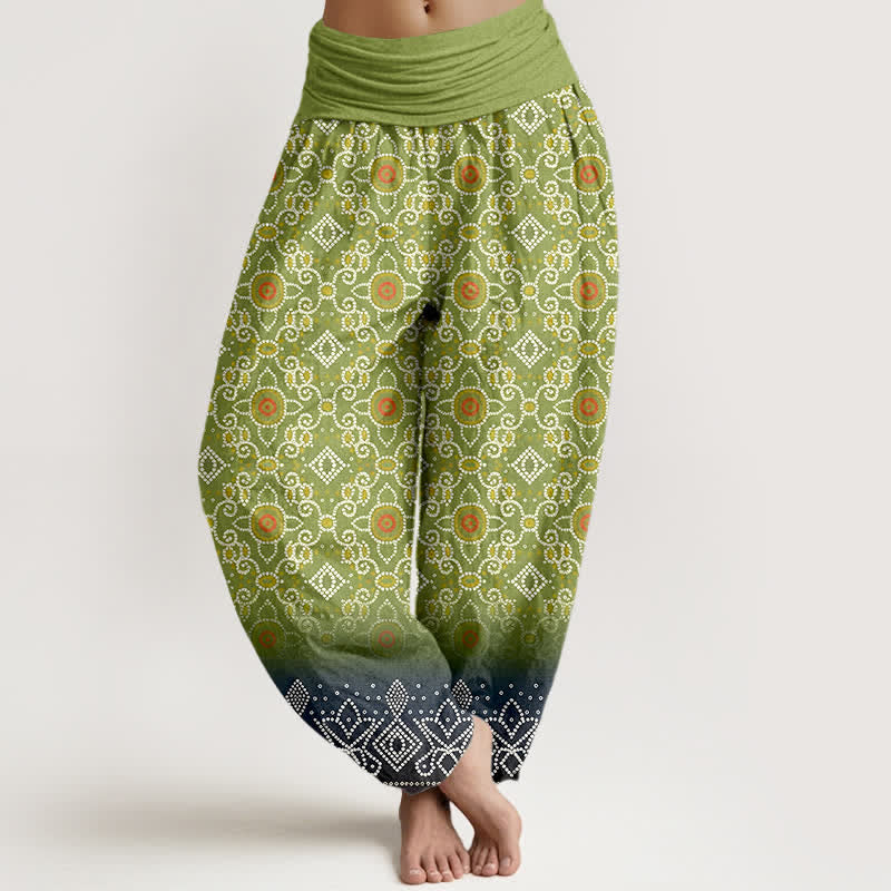 Buddha Stones Pantaloni harem da donna in cotone con motivo floreale geometrico in stile bohémien e vita elasticizzata. - GialloVerde - US16, UK/AU20, EU48 (3XL) - image 0