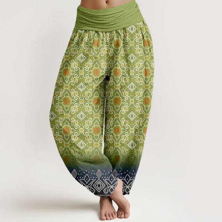 Buddha Stones Pantaloni harem da donna in cotone con motivo floreale geometrico in stile bohémien e vita elasticizzata. - GialloVerde - US16, UK/AU20, EU48 (3XL) - image 0