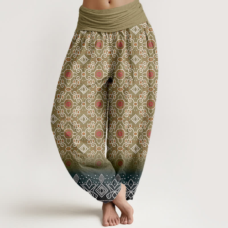 Buddha Stones Pantaloni harem da donna in cotone con motivo floreale geometrico in stile bohémien e vita elasticizzata. - Oliva - US16, UK/AU20, EU48 (3XL) - image 5