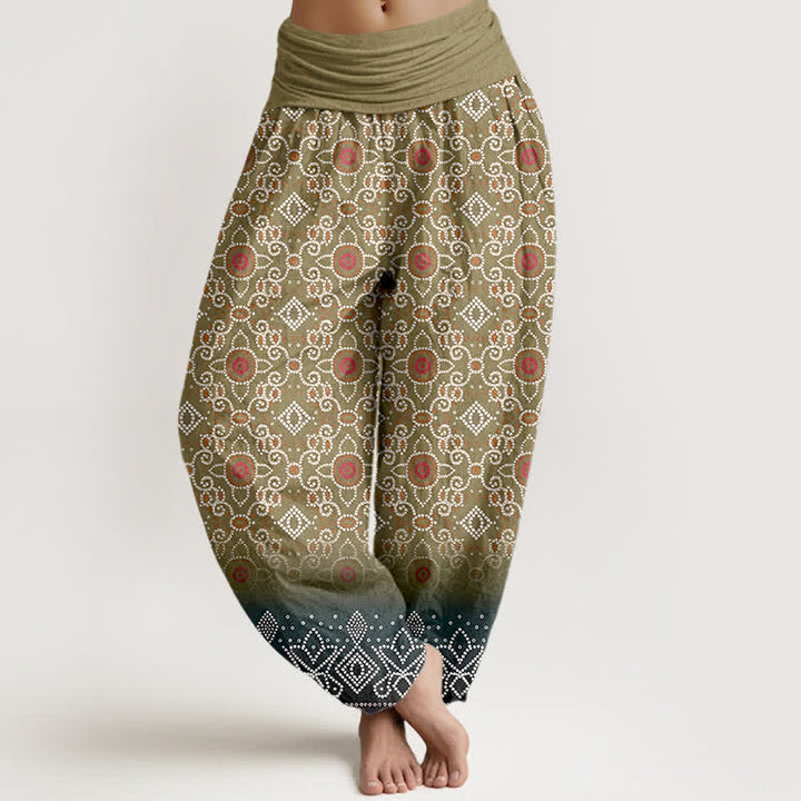 Buddha Stones Pantaloni harem da donna in cotone con motivo floreale geometrico in stile bohémien e vita elasticizzata. - Oliva - US16, UK/AU20, EU48 (3XL) - image 5