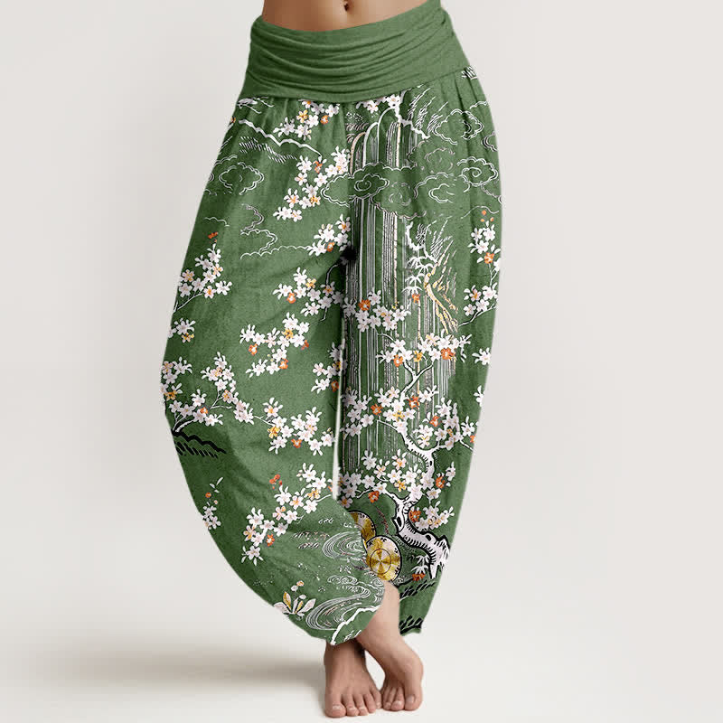 Buddha Stones Pantaloni harem da donna in puro cotone bianco con motivo floreale a tralci e nuvole di buon auspicio, con elastico in vita. - Verde oliva - US16, UK/AU20, EU48 (3XL) - image 0