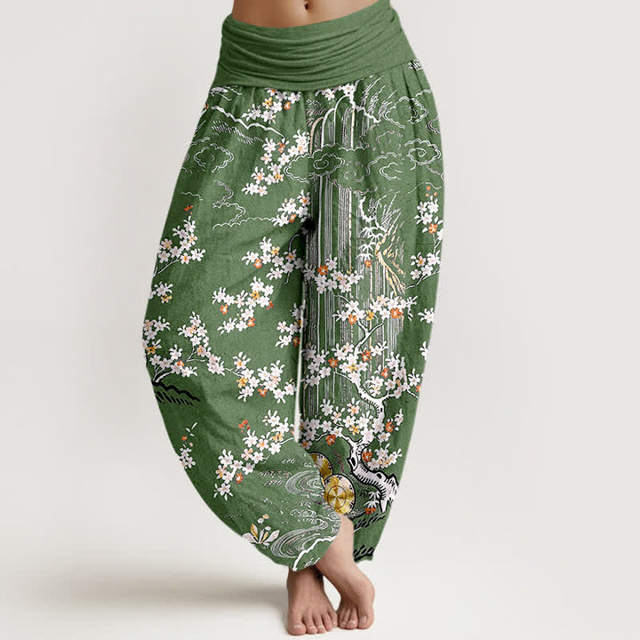 Buddha Stones Pantaloni harem da donna in puro cotone bianco con motivo floreale a tralci e nuvole di buon auspicio, con elastico in vita. - Verde oliva - US16, UK/AU20, EU48 (3XL) - image 0
