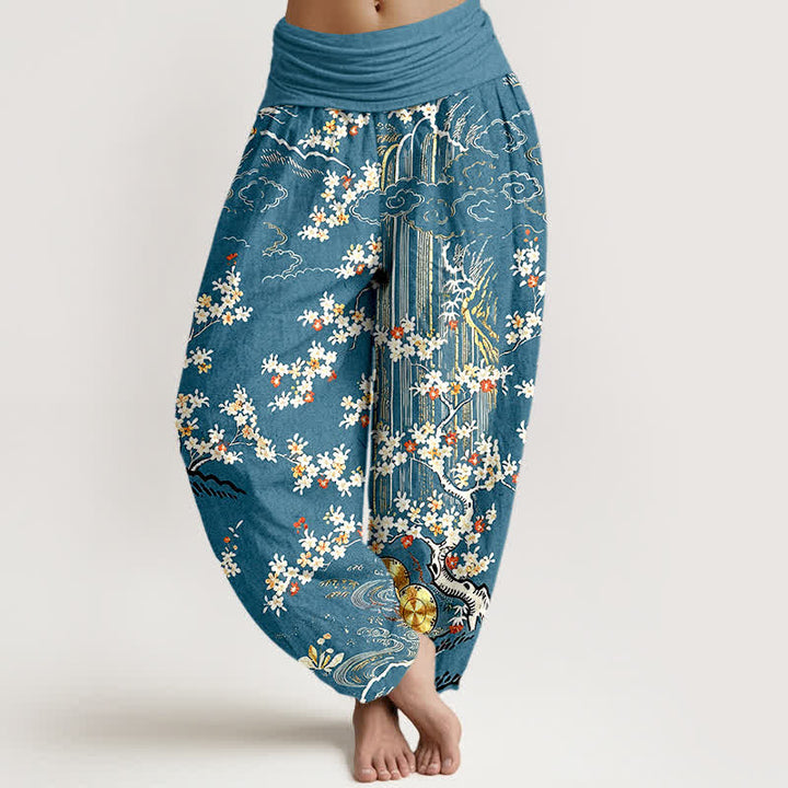 Buddha Stones Pantaloni harem da donna in puro cotone bianco con motivo floreale a tralci e nuvole di buon auspicio, con elastico in vita. - Verde acqua - US16, UK/AU20, EU48 (3XL) - image 5