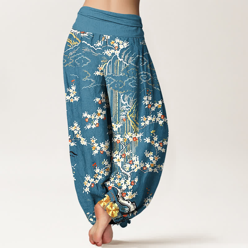 Buddha Stones Pantaloni harem da donna in puro cotone bianco con motivo floreale a tralci e nuvole di buon auspicio, con elastico in vita. - image 6