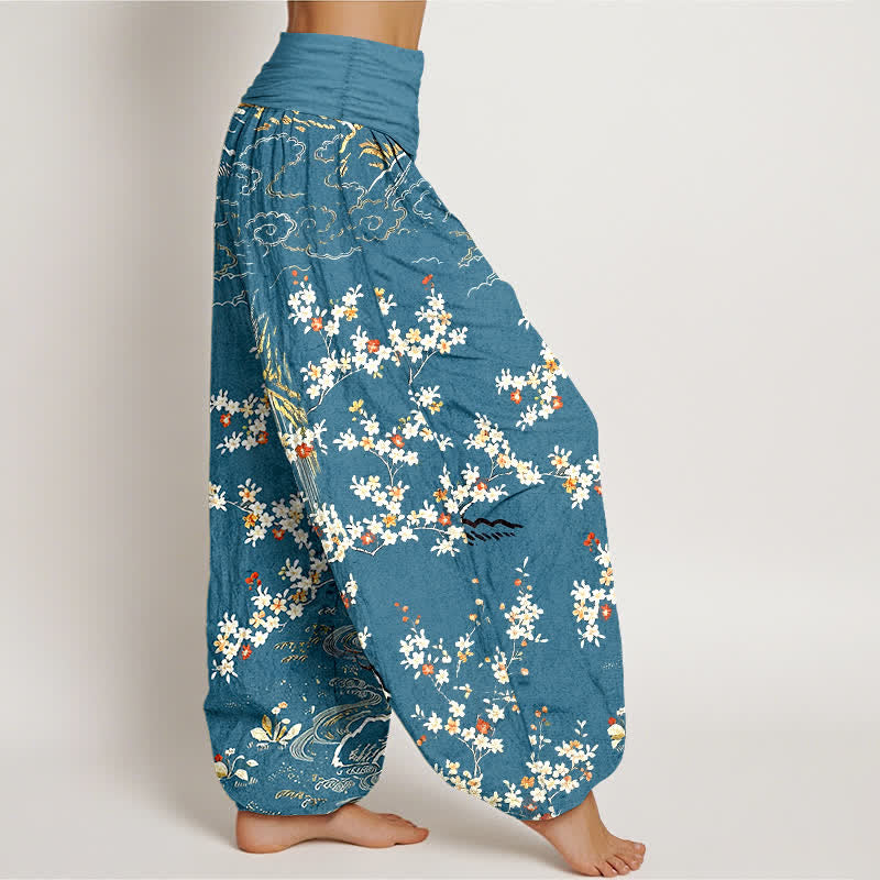 Buddha Stones Pantaloni harem da donna in puro cotone bianco con motivo floreale a tralci e nuvole di buon auspicio, con elastico in vita. - image 7