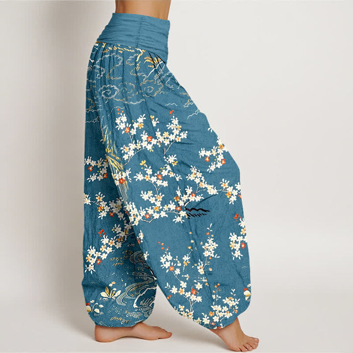 Buddha Stones Pantaloni harem da donna in puro cotone bianco con motivo floreale a tralci e nuvole di buon auspicio, con elastico in vita. - image 7