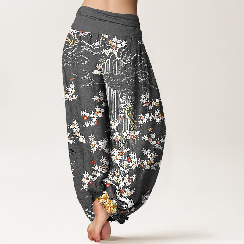 Buddha Stones Pantaloni harem da donna in puro cotone bianco con motivo floreale a tralci e nuvole di buon auspicio, con elastico in vita. - image 9