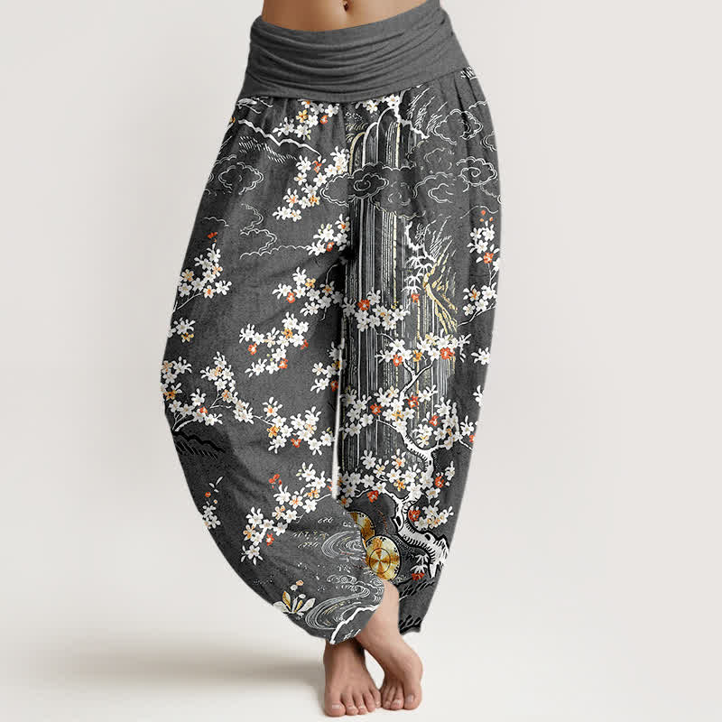 Buddha Stones Pantaloni harem da donna in puro cotone bianco con motivo floreale a tralci e nuvole di buon auspicio, con elastico in vita. - Grigio tenue - US16, UK/AU20, EU48 (3XL) - image 8