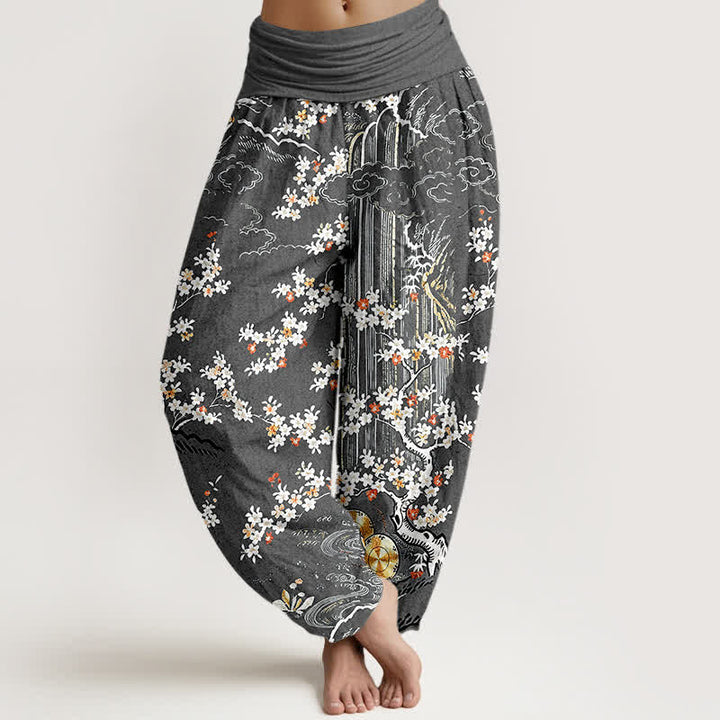 Buddha Stones Pantaloni harem da donna in puro cotone bianco con motivo floreale a tralci e nuvole di buon auspicio, con elastico in vita. - Grigio tenue - US16, UK/AU20, EU48 (3XL) - image 8