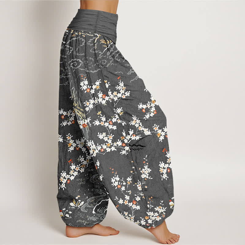 Buddha Stones Pantaloni harem da donna in puro cotone bianco con motivo floreale a tralci e nuvole di buon auspicio, con elastico in vita. - image 10