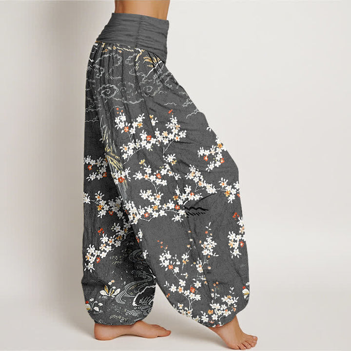Buddha Stones Pantaloni harem da donna in puro cotone bianco con motivo floreale a tralci e nuvole di buon auspicio, con elastico in vita. - image 10
