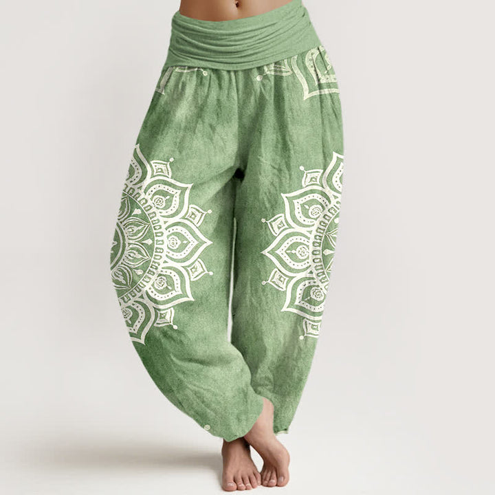 Buddha Stones Pantaloni harem da donna in puro cotone bianco con motivo floreale mandala e vita elasticizzata. - Verde chiaro - US16, UK/AU20, EU48 (3XL) - image 0