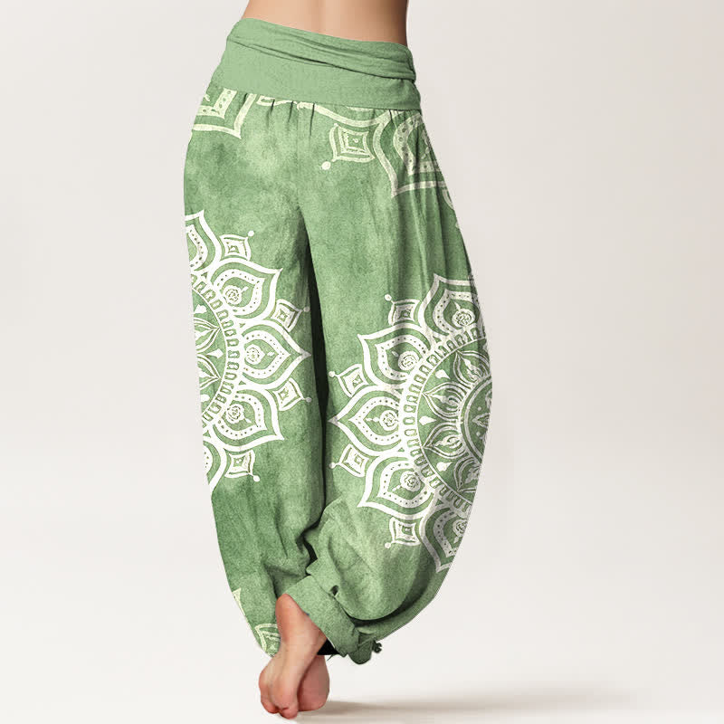 Buddha Stones Pantaloni harem da donna in puro cotone bianco con motivo floreale mandala e vita elasticizzata. - image 1