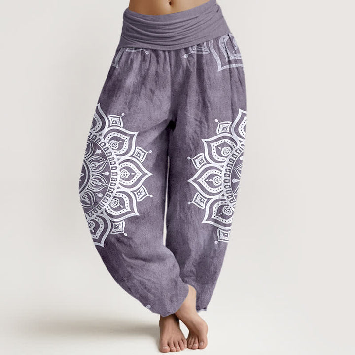 Buddha Stones Pantaloni harem da donna in puro cotone bianco con motivo floreale mandala e vita elasticizzata. - Viola medio - US16, UK/AU20, EU48 (3XL) - image 5