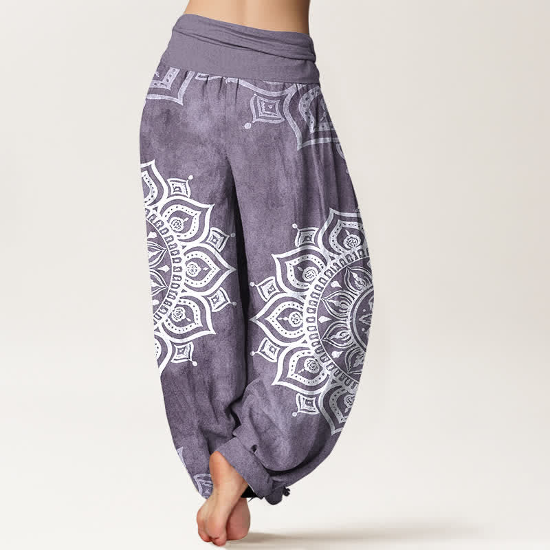 Buddha Stones Pantaloni harem da donna in puro cotone bianco con motivo floreale mandala e vita elasticizzata. - image 6