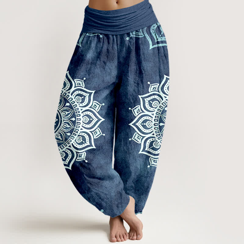 Buddha Stones Pantaloni harem da donna in puro cotone bianco con motivo floreale mandala e vita elasticizzata. - SteelBlue - US16, UK/AU20, EU48 (3XL) - image 8